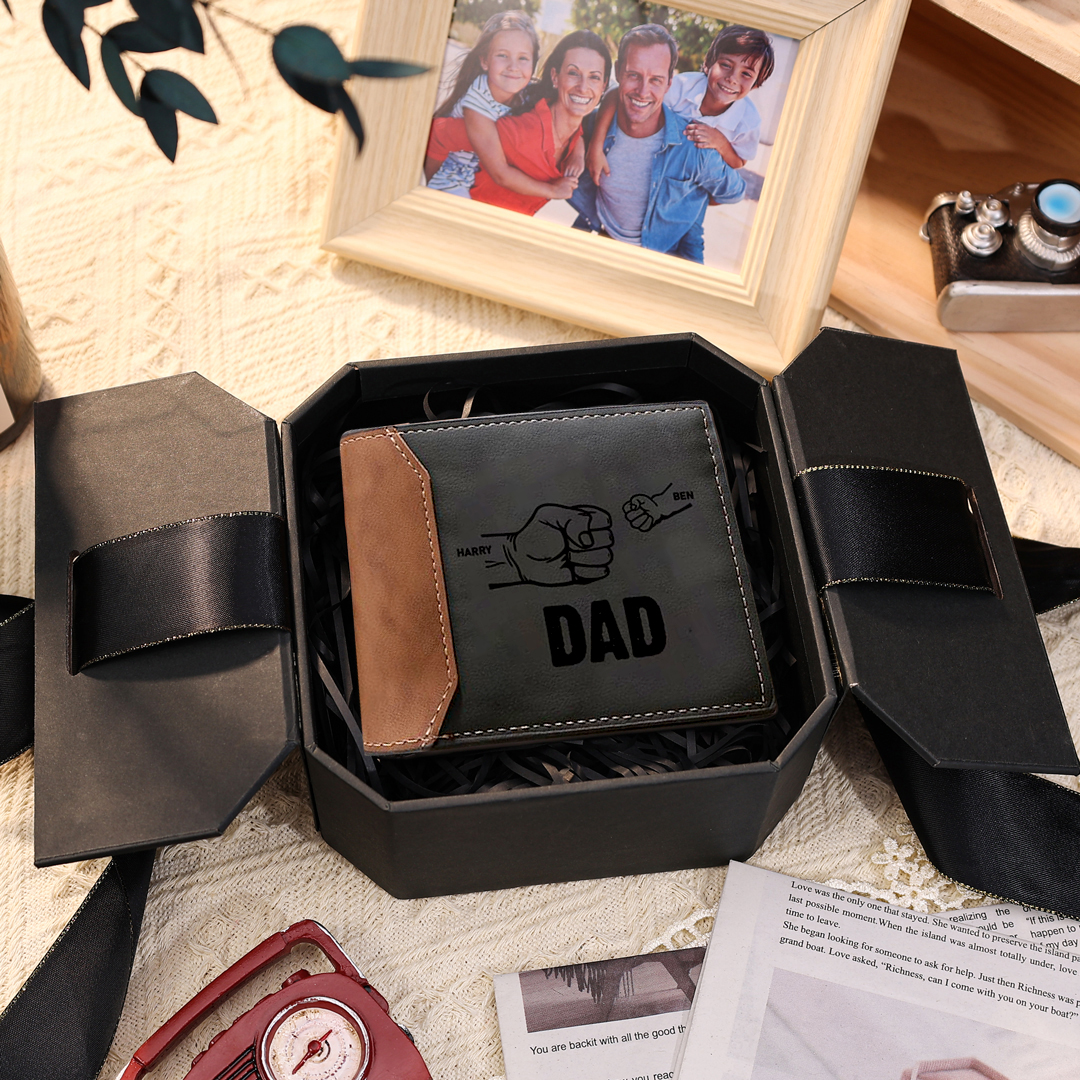 2 Names & 1 Photo Custom Men Leather Wallet Handcrafted in the USA-Personalized Fist Bump Folding Wallet Father's Day Gifts for Dad