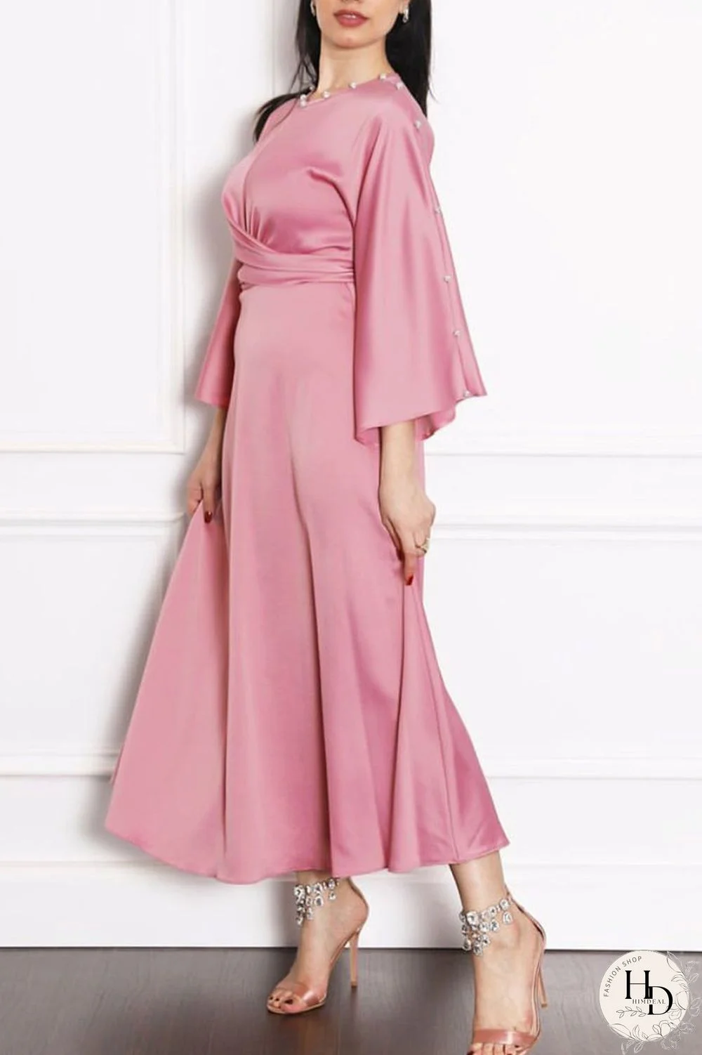 Pink Casual Elegant Solid Split Joint Hot Drill O Neck A Line Dresses