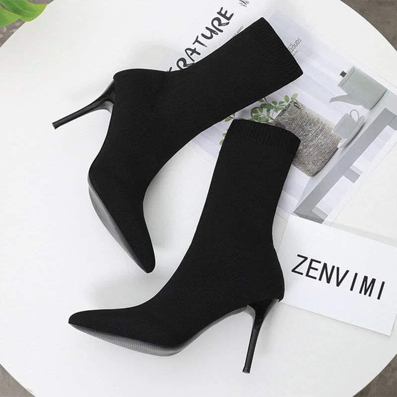 2020 Spring Autumn Sexy Sock Pointed Boots Large Size 42   High Heels for Women Fashion 7cm Glamour Black Ankle Boots  Female