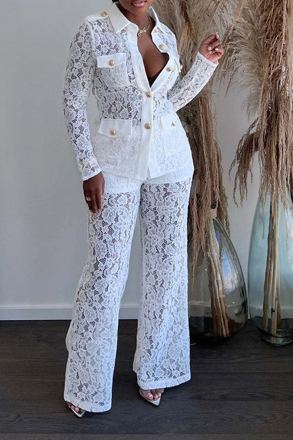 Lace Classic Single Breasted See-Through Pant Suit