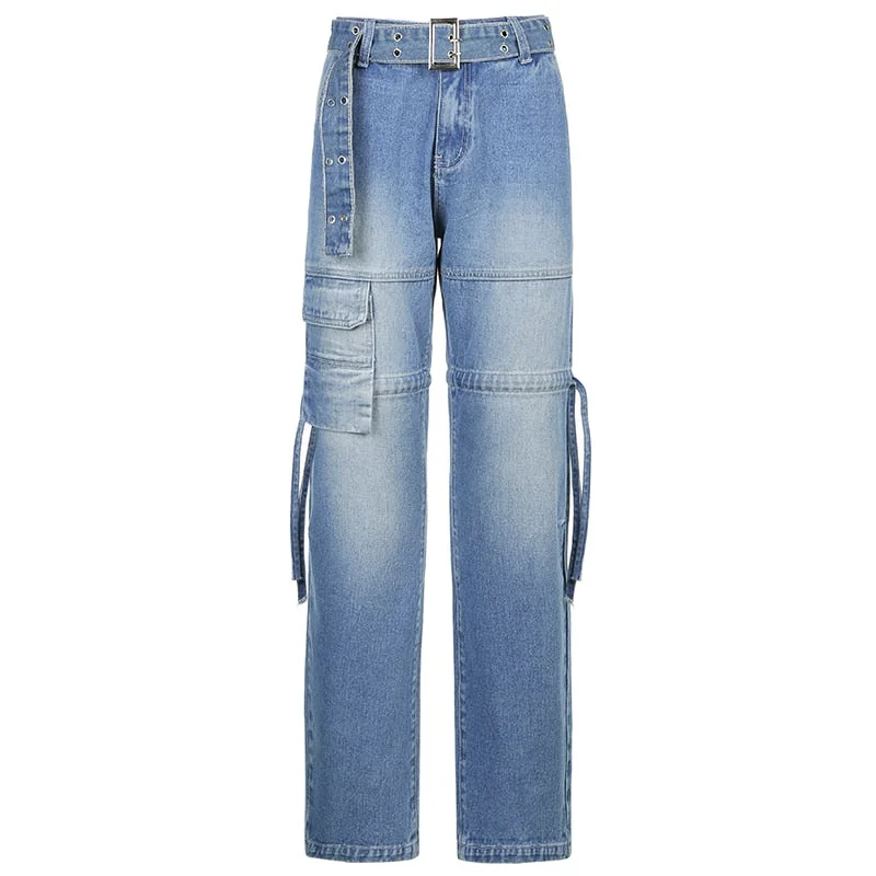 Rapcopter y2k Jeans Retro Sashes Denim Pants Ruched Drawstring Cargo Pants Women Big Pockets Trousers Women Streetwear Jeans 90s