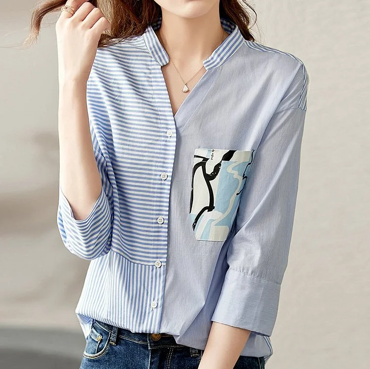 Stripe-Blue Paneled Shift Stripes Casual Shirts & Tops QueenFunky