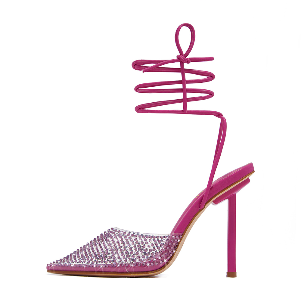 Pink & Clear Closed Toe 4'' Stiletto Heel Lace Up Pumps with Rhinestone Nicepairs