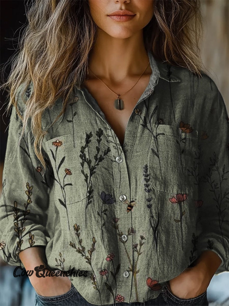 Vintage Print Casual Long Sleeve Comfortable Cotton Shirt Multicolor / S