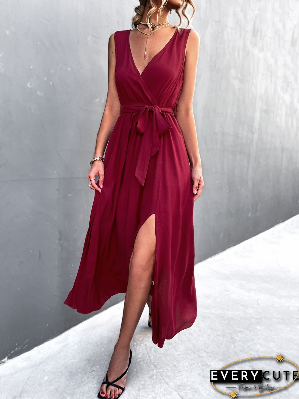 Sexy V-neck Cross Strap Sleeveless Slit Dress Black Dresses