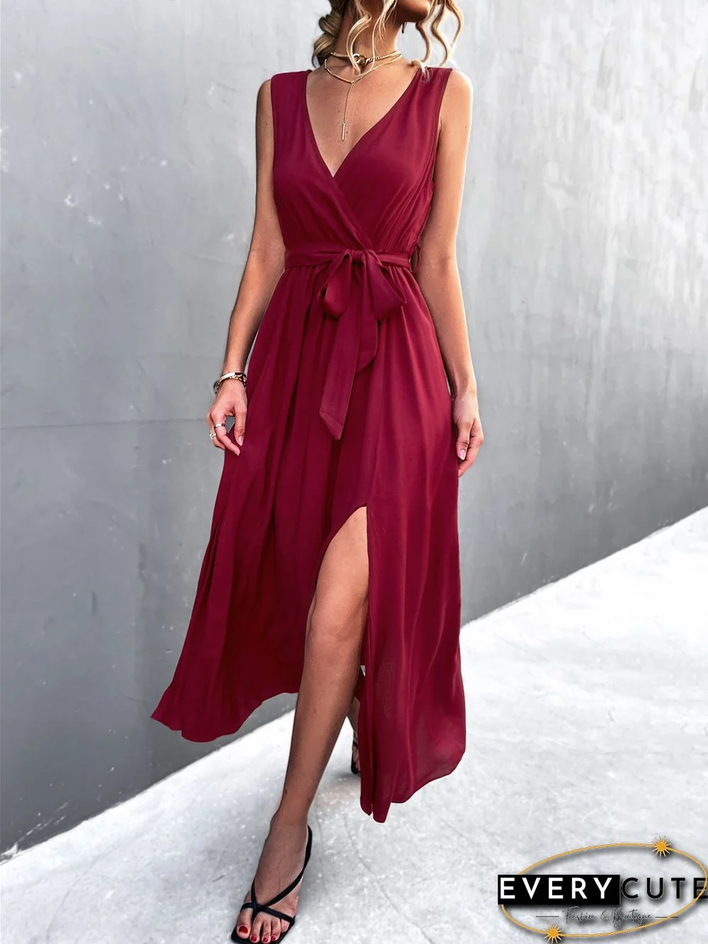 Sexy V-neck Cross Strap Sleeveless Slit Dress Black Dresses