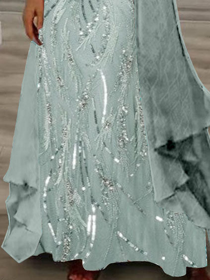 (PRE ORDER)Women's Long Sleeve V-neck Graphic Printed Two Pieces Maxi Dress