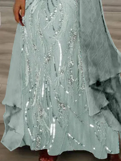 (PRE ORDER)Women's Long Sleeve V-neck Graphic Printed Two Pieces Maxi Dress