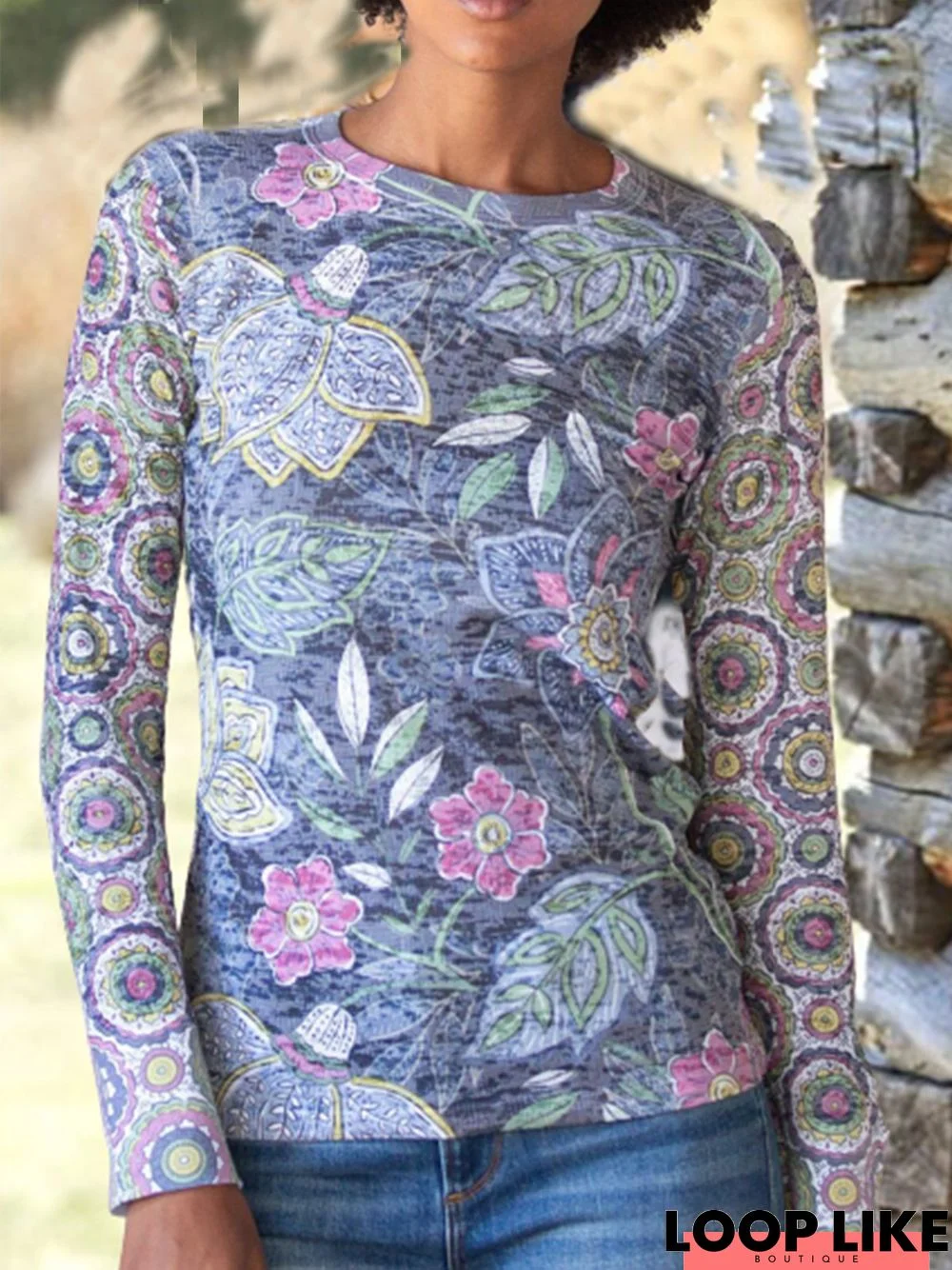 Blue Printed Round Neck Cotton-Blend Long Sleeve Tunic T-Shirt