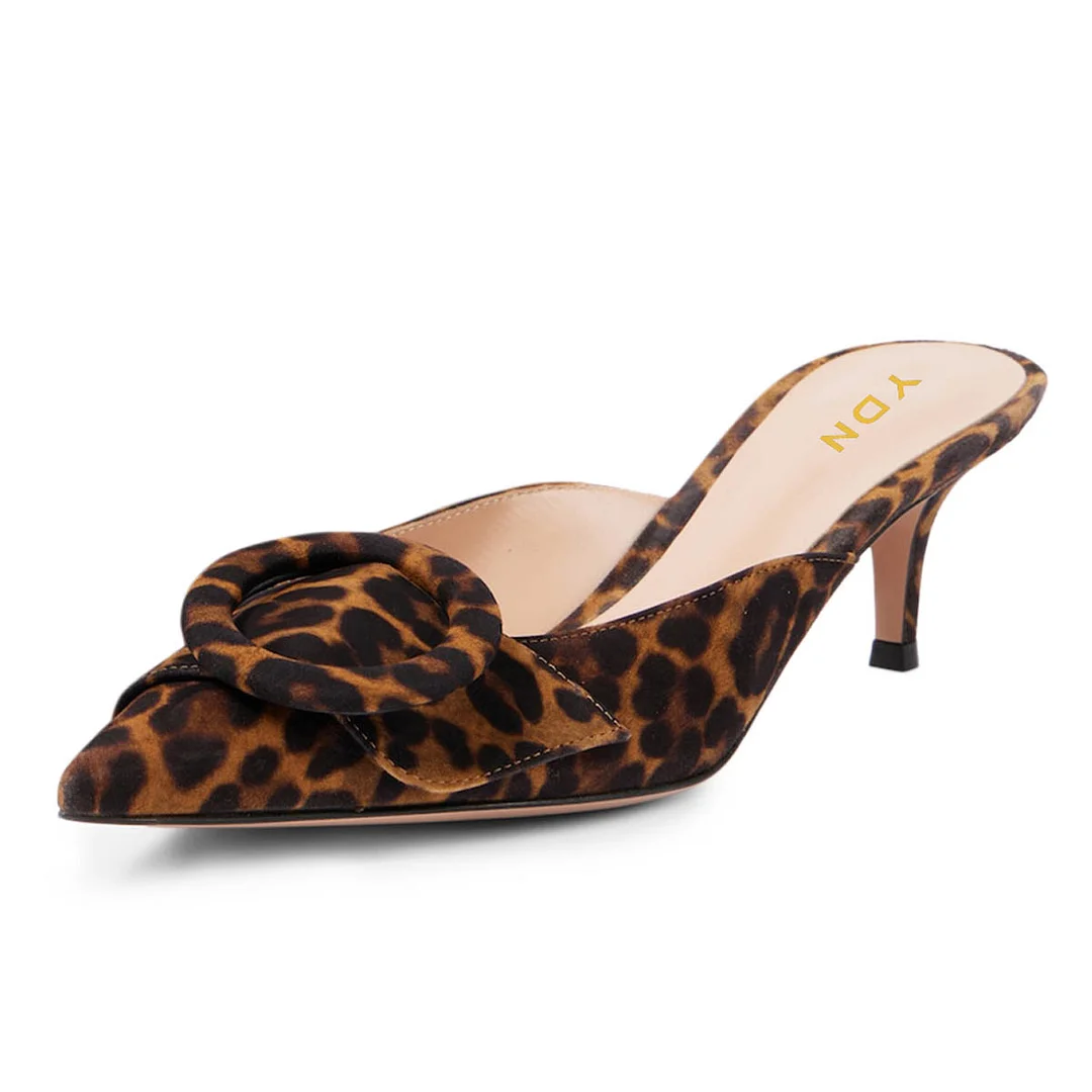 Leopard Print Pointed Toe Stiletto Heeled Mules with Round Buckle