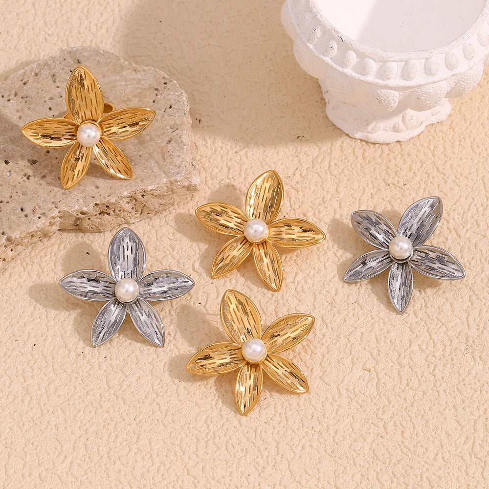 Vintage Earrings Stainless Steel 18K Gold Plated Frangipani Pearl Flower Ring For Women