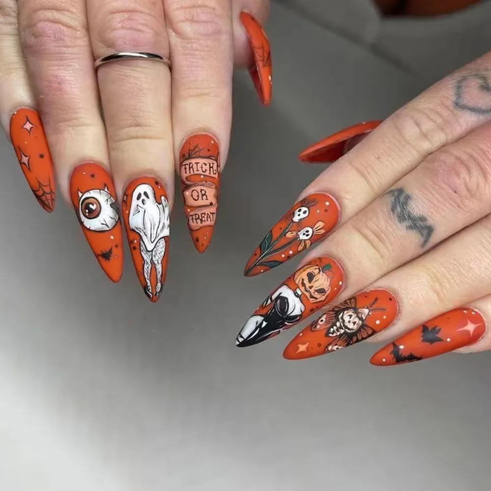 Churchf Churchf Almond Nail Orange Pumpkin Female Ghost Halloween Element Fake Nail Finished Wear Nail Holiday Nail