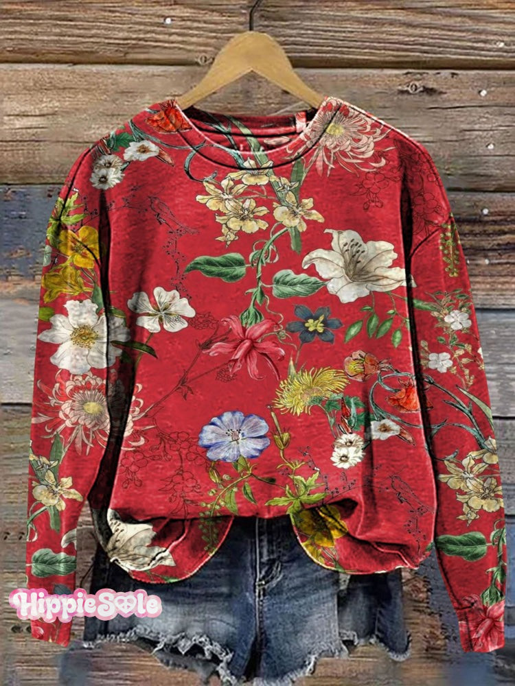 Vintage Floral Print Casual Hoodie Sweatshirt / S