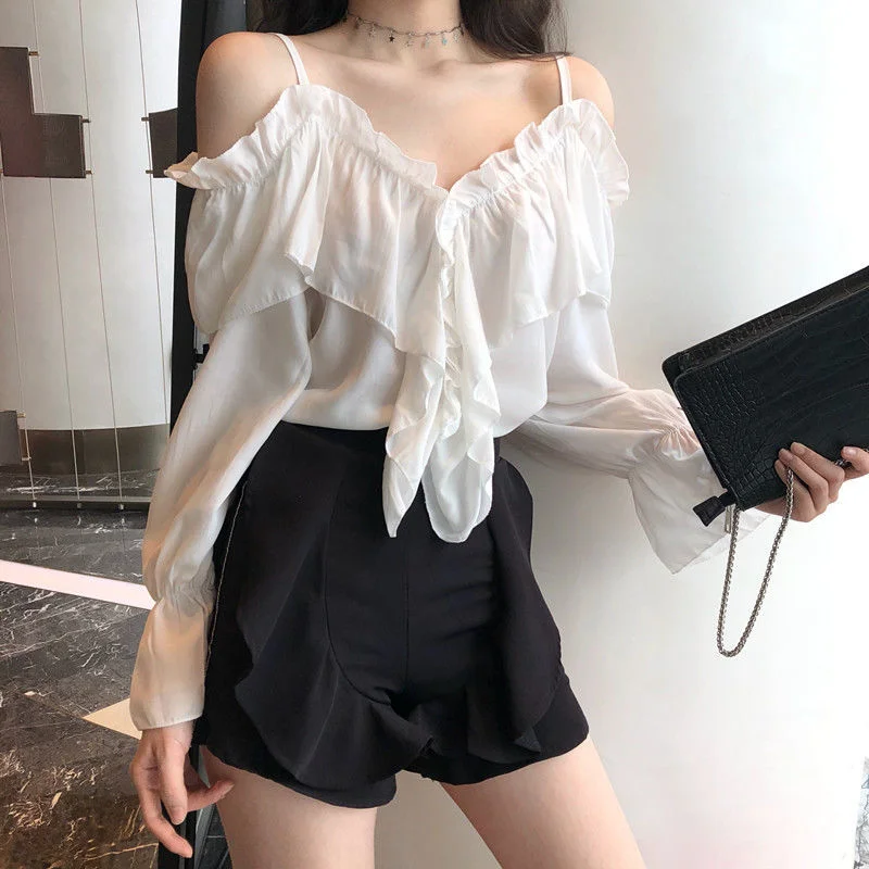 tlbang Shoulder Blouses Women Ruffles Sexy Party Design Stylish Ulzzang Solid Feminine Leisure All-match Spring Soft Popular Ins