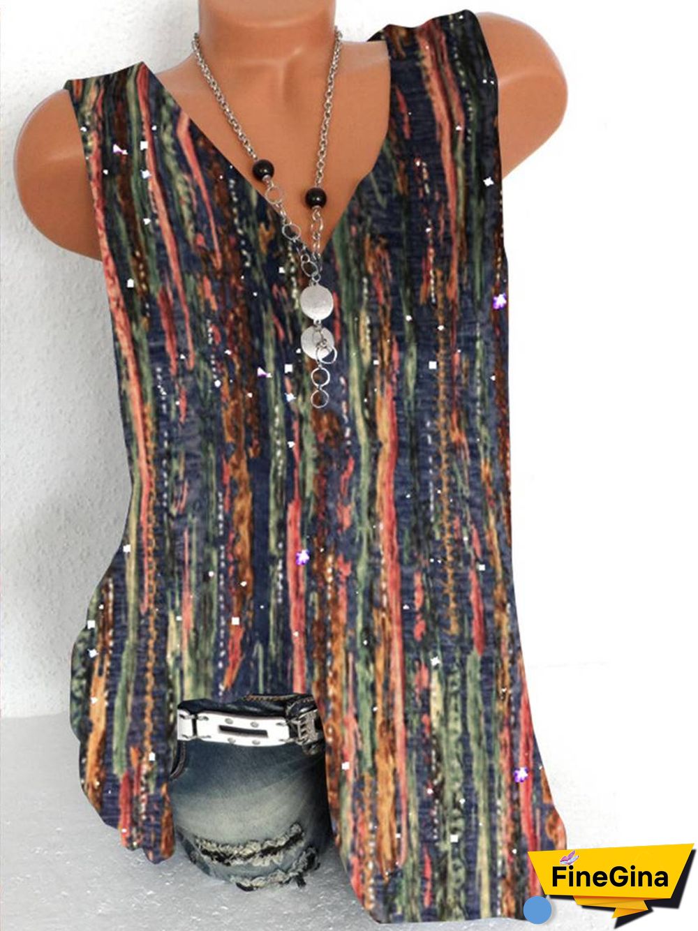 Women Sleeveless V-neck Striped Gradient Top