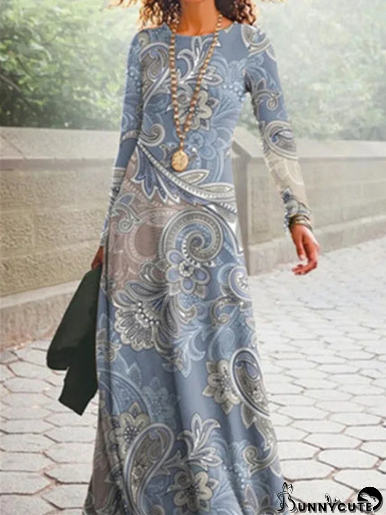 Women's Graphic Ethnic Print Scoop Neck Long Sleeve Midi Dress