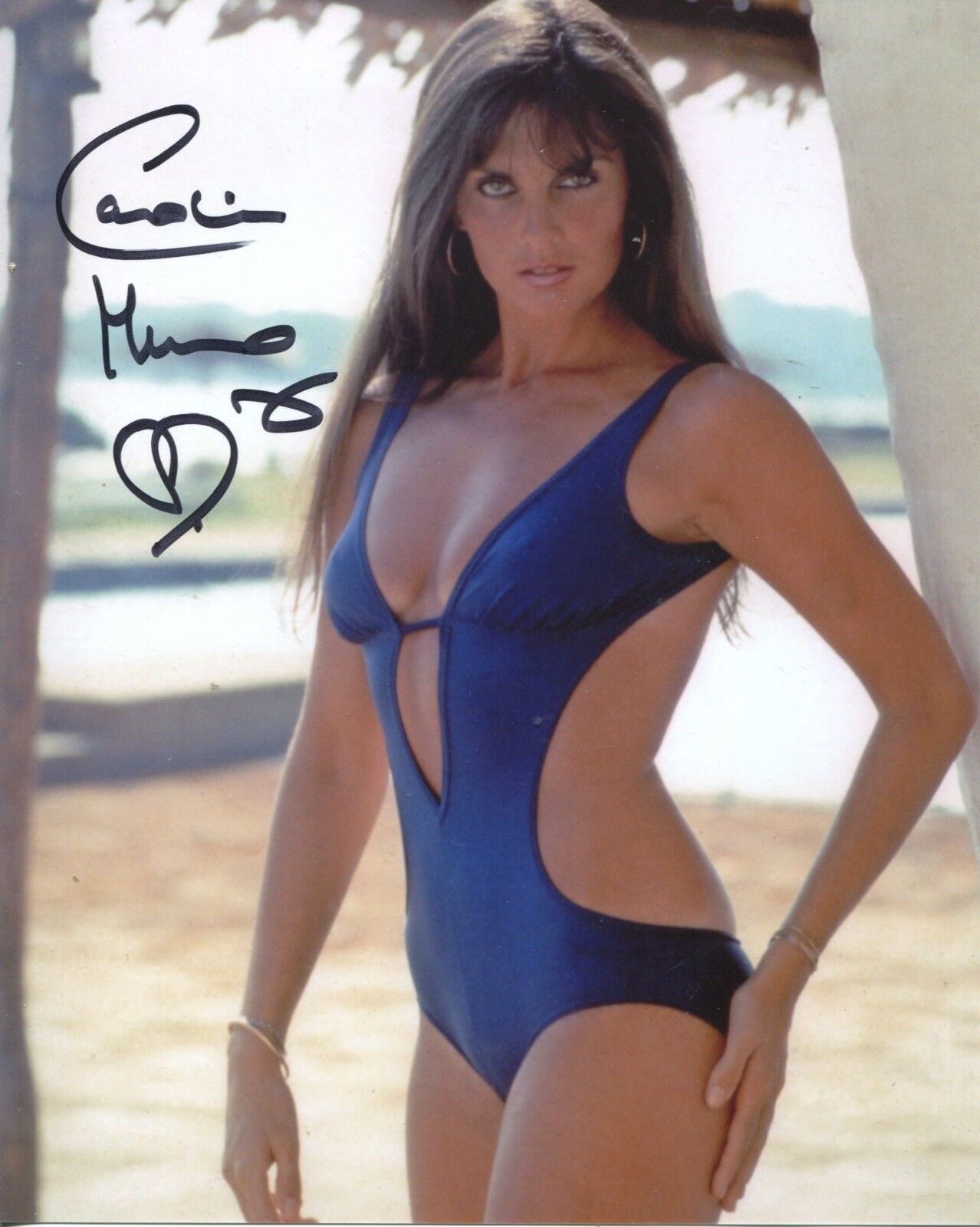 007 Bond girl CAROLINE MUNRO signed Stunning BLUE Swimsuit Photo Poster painting