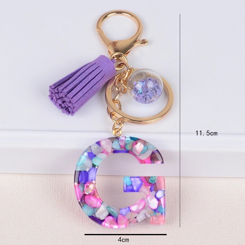 Fashion Style 26 English Letters Keychain Crystal Epoxy Color Stone Letter Tassel Pendant Bag