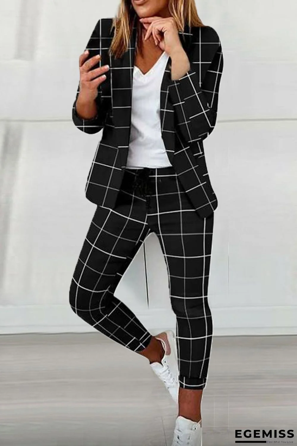 Matte Black Casual Print Patchwork Turndown Collar Long Sleeve Two Pieces | EGEMISS