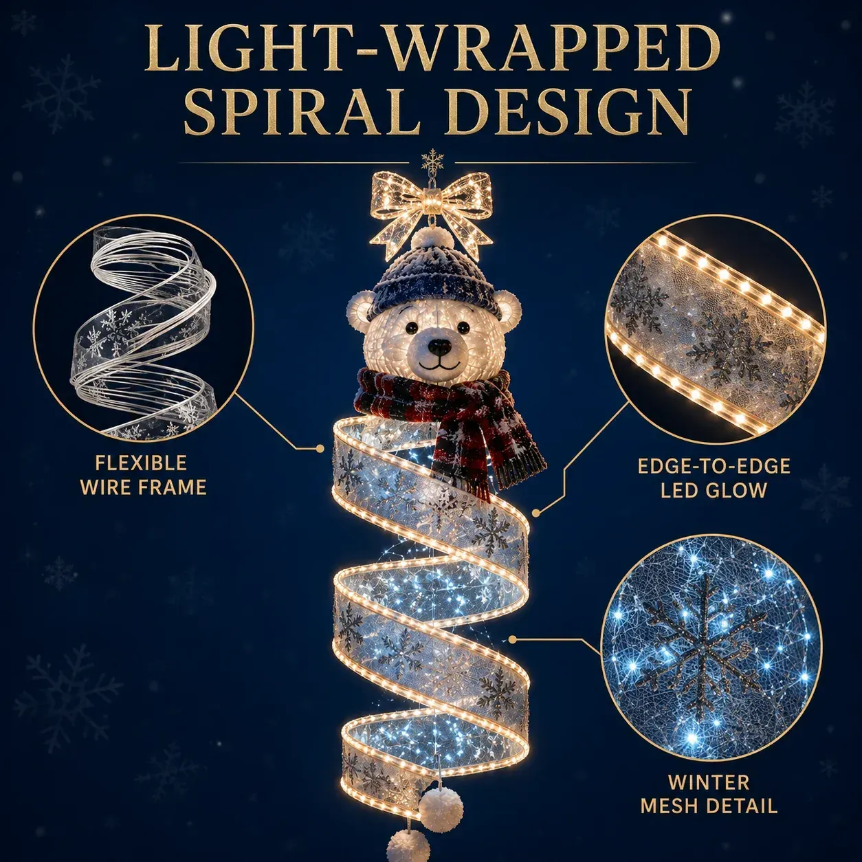Detailed illuminated polar bear spiral Christmas decor