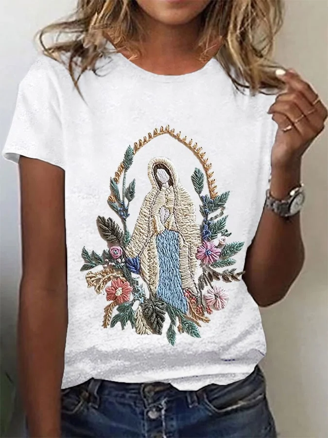 Women's Christian Our Lady Floral Print Round Neck T-Shirt