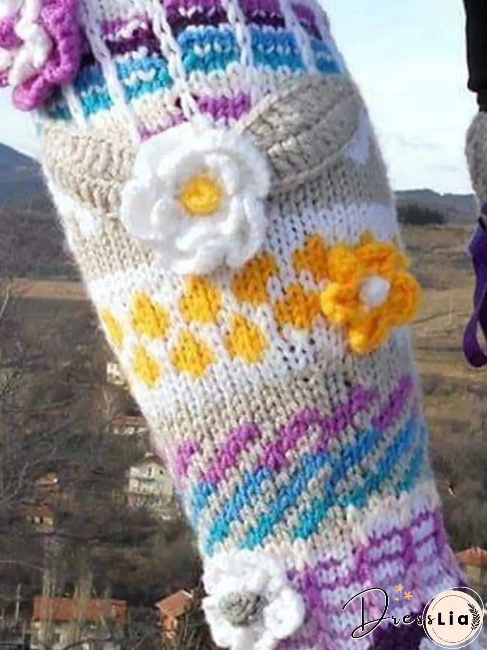 Casual Comfort Gradient Striped Floral Hand Knit Floor Socks Home Stockings