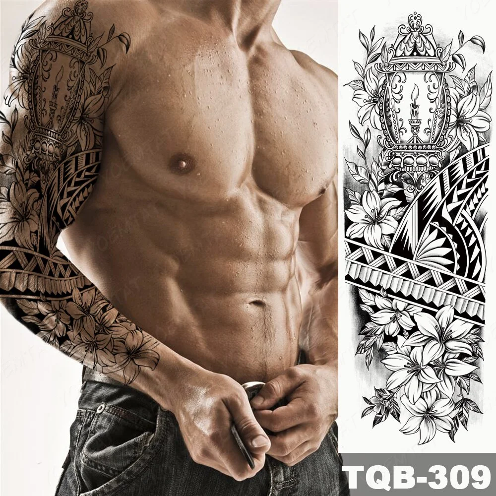 Sdrawing Arm Waterproof Traditional Temporary Tattoo Stickers Women Men Black Line Flowers Koi Crane Thigh Body Art Fake Tattoos