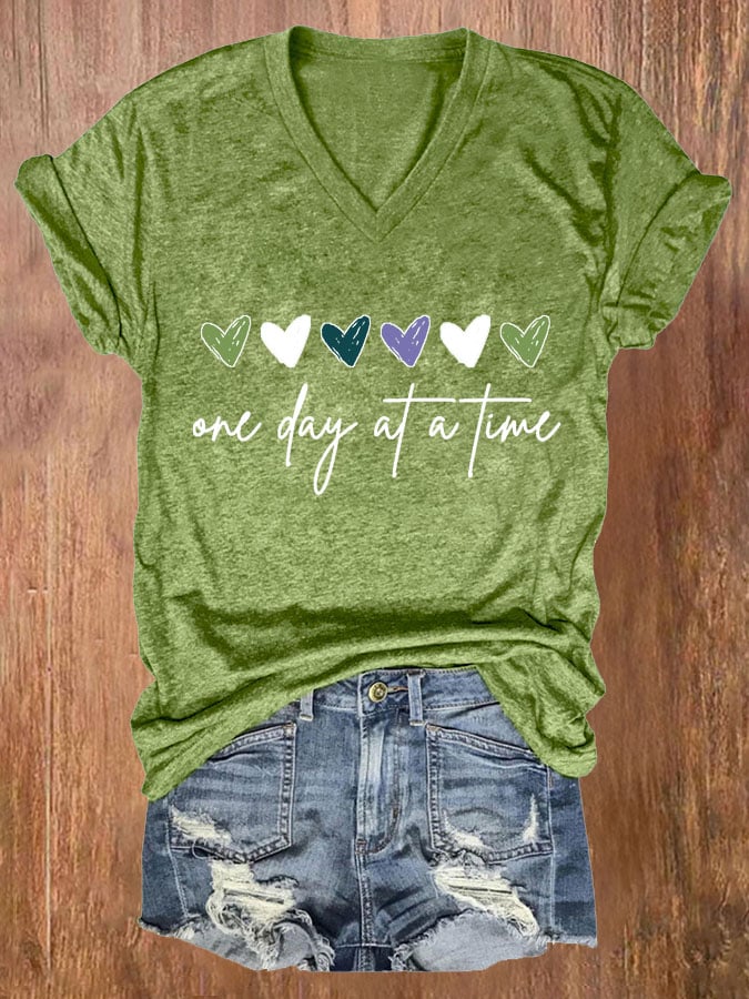 Women's One Day At A Time Print Casual V Neck T-shirt
