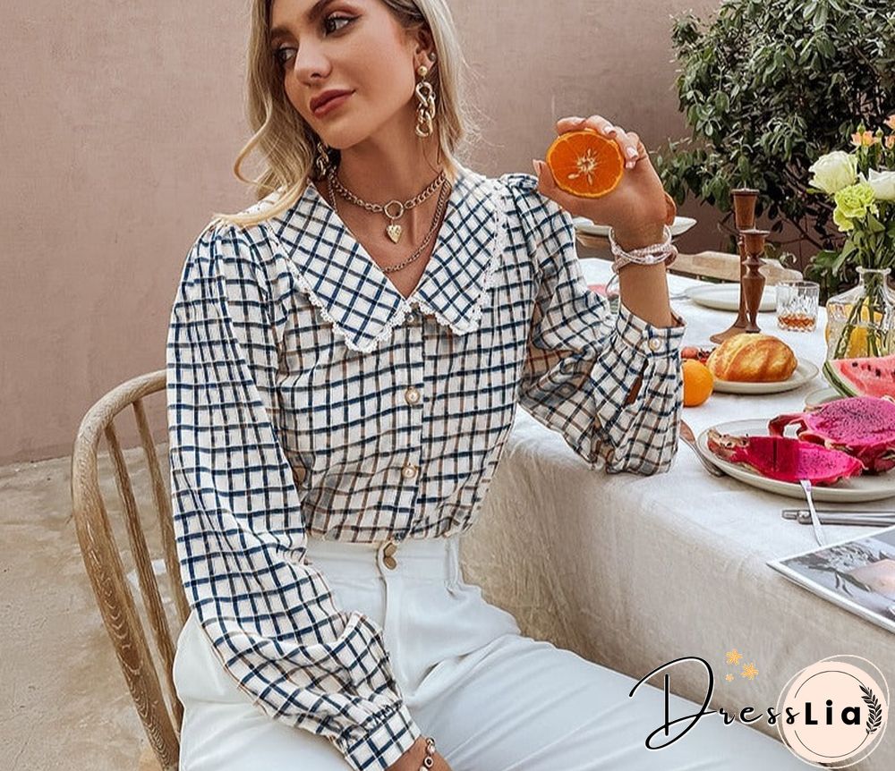 Autumn Office Lady Gingham Square Pattern Shirt Women Casual V-neck Brown Skinny Blouse Female Regular Sleeves Top