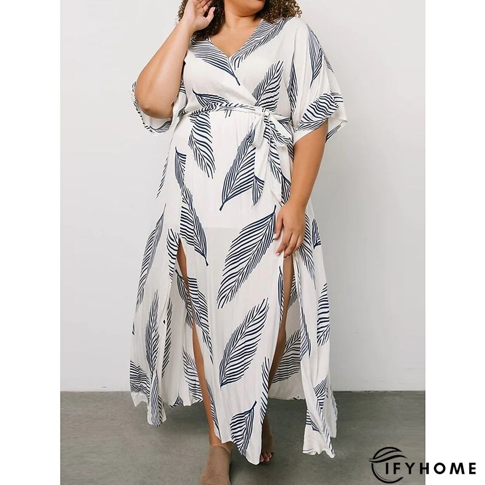 Plus Size Maxi Dress Easter Dress Leaf Casual Dress Wrap Dress A Line Dress Long Dress Half Sleeve Lace up Split V Neck Basic Outdoor White Summer Dress | IFYHOME