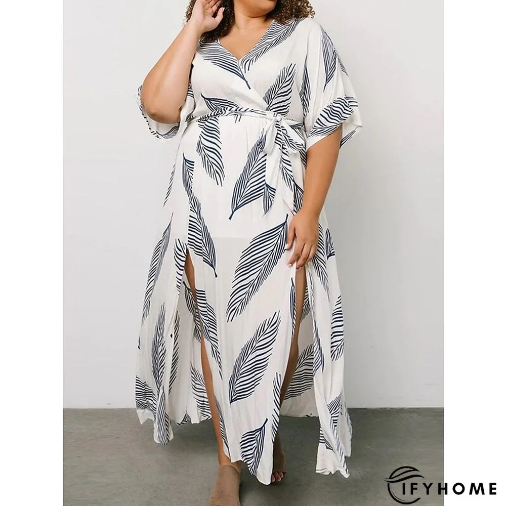 Plus Size Maxi Dress Easter Dress Leaf Casual Dress Wrap Dress A Line Dress Long Dress Half Sleeve Lace up Split V Neck Basic Outdoor White Summer Dress | IFYHOME
