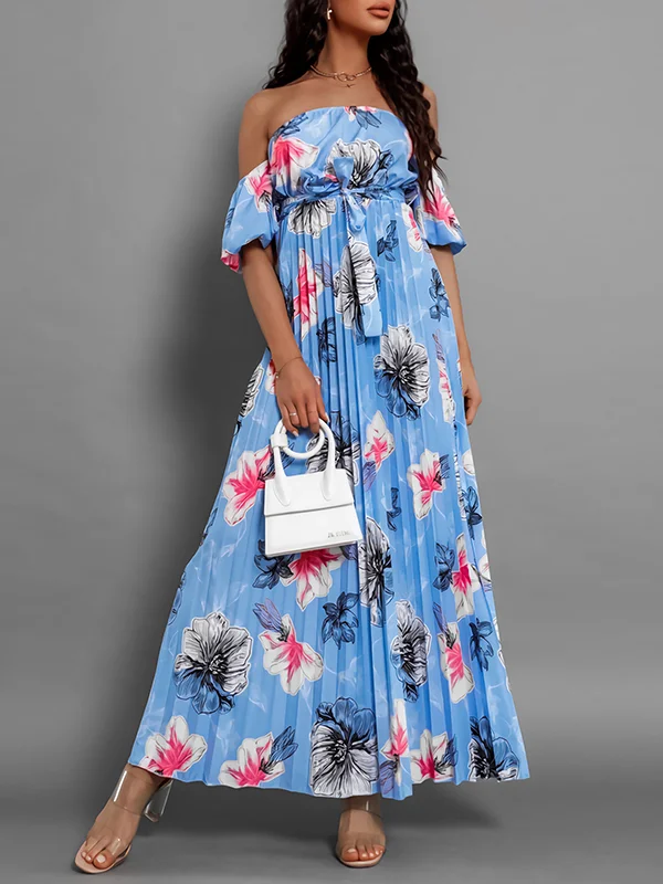 Elasticity Flower Print Pleated Split-Joint Tied Waist A-Line Loose Off-The-Shoulder Maxi Dresses