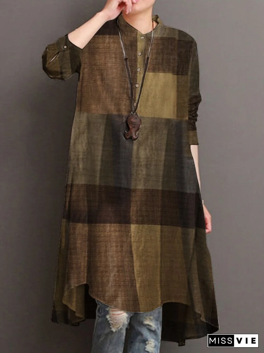 Plaid Print Stand Collar Long Sleeve Casual Shirt For Women