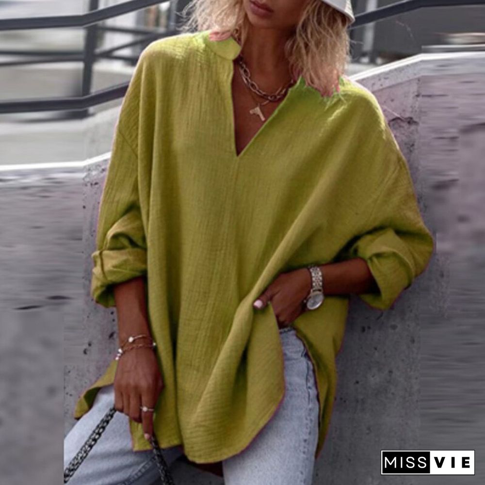 Women Autumn Casual Long Sleeve V-Neck Blouse Solid Color Loose Pullover Top Ladies Commuter Fashion Simple All-match Shirt