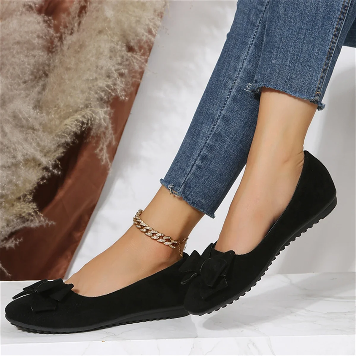 Spring and Autumn Casual Fashion Round Toe Flat Solid Color Comfortable Non-slip Wear-resistant Simple Bow Women's Shoes