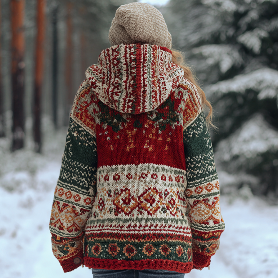 Women's Retro Christmas Printed Winter Warmth Knit Hooded Sweater Coat elevenforest
