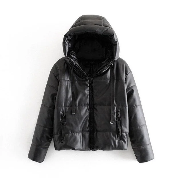 Winter Fashion PU Leather Black Coat Women Hooded Thicken Warm Jacket Long Sleeve Zipper Parkas Coat Lady Outerwear Veste Femme