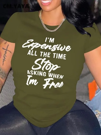 CM.YAYA Women T-shirts Letter Print Short Sleeve O-neck Stretchy T Shirt Tops Female Fashion Streetwear Casual Tees Tops Summer