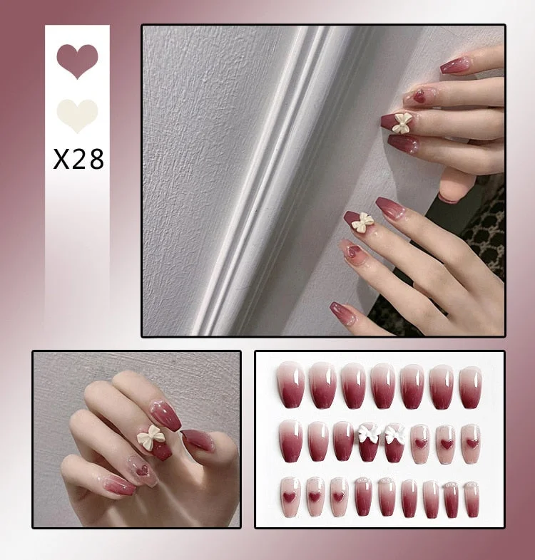 24Pcs/Set Nails Extension System Full Cover Coffin Medium Dripping Diamond Heart Shape Press on False Nail Tips-Nail Inspo