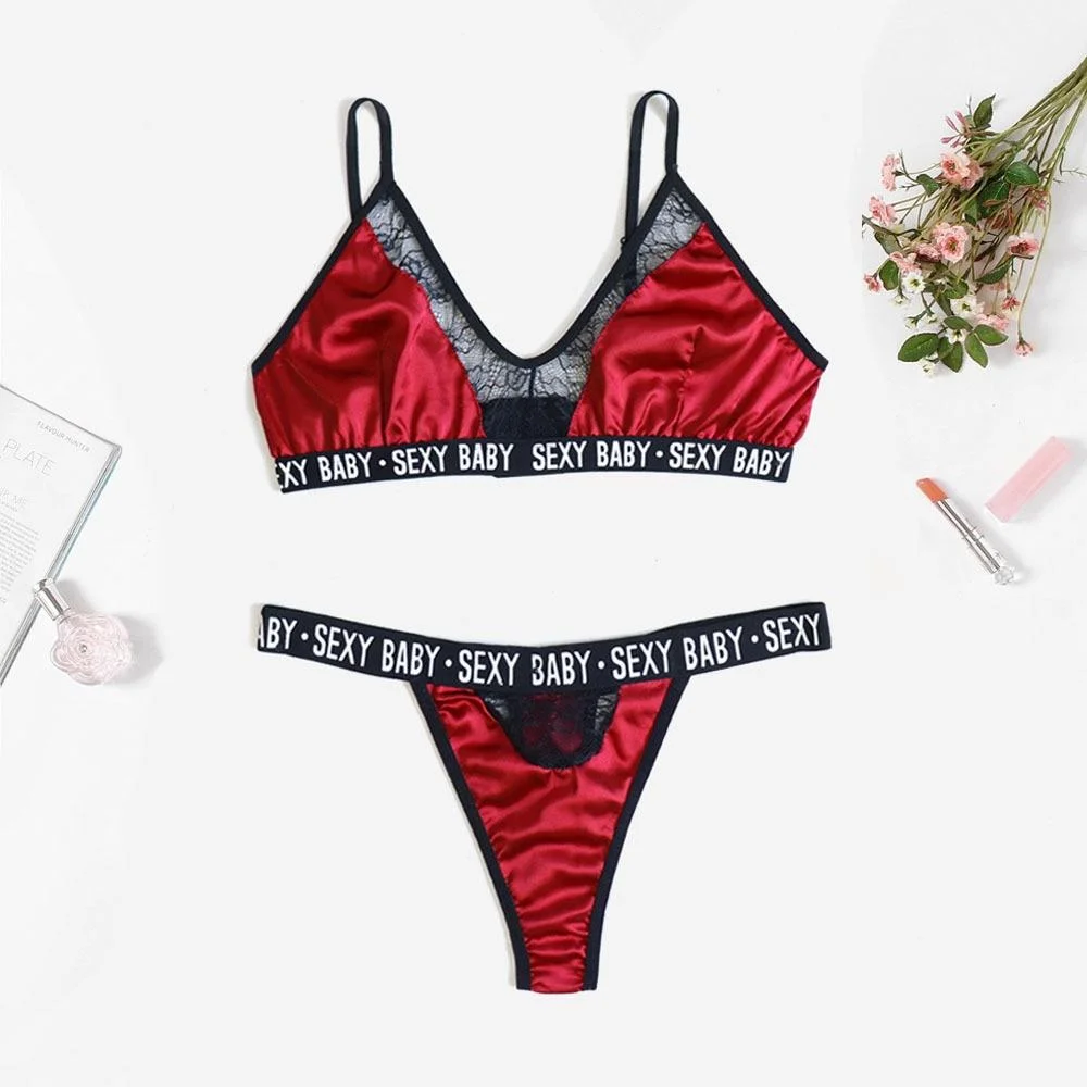 bra and panty set women's lingerie underwear set letters solid color patchwork sexy lingerie underwear thong set 1108