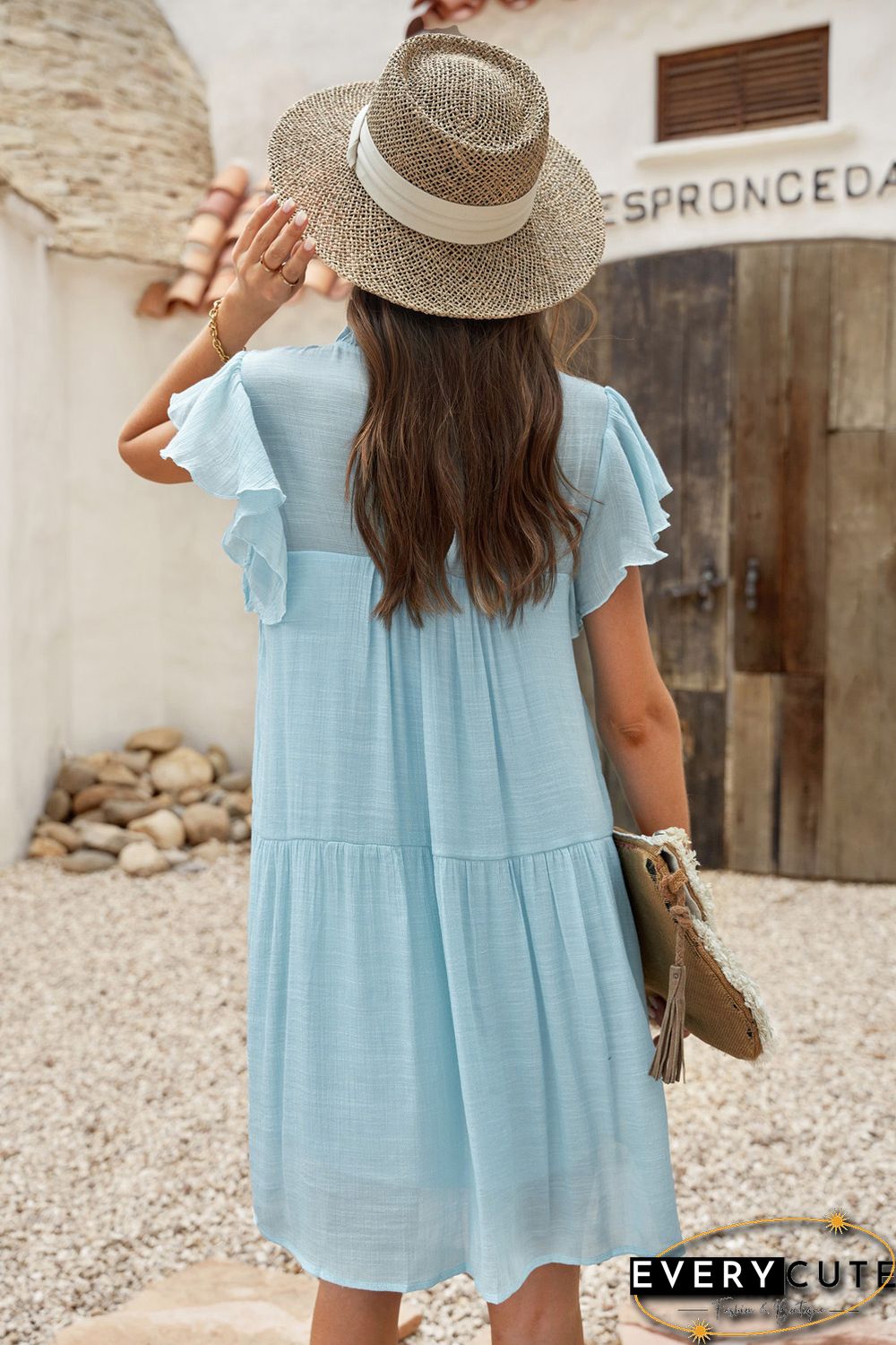 Sky Blue Frilled Neck Ruffle Swing Mini Dress with Pockets