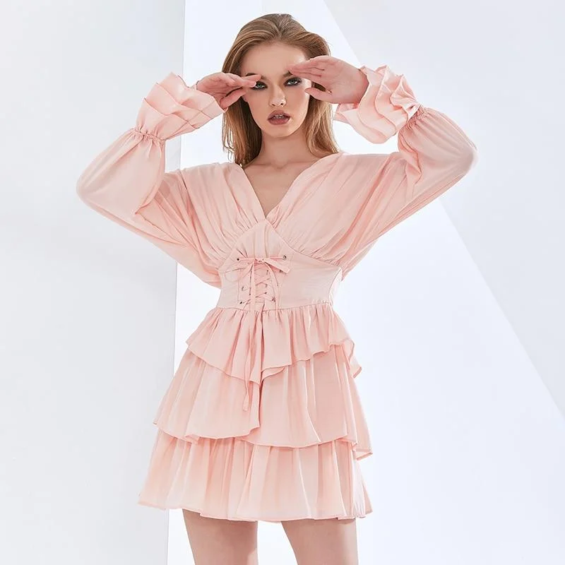 ABEBEY Solid Color Ruffle Summer Dress For Women V Neck Flare Sleeve High Waist Bowknot Dresses Female Fashion New 2023