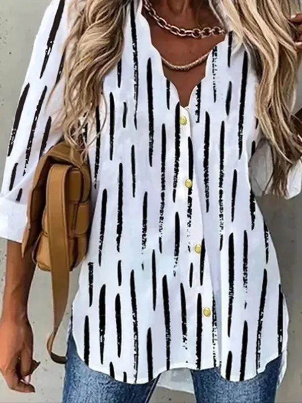 V Neck Striped Long Sleeve Casual Blouse