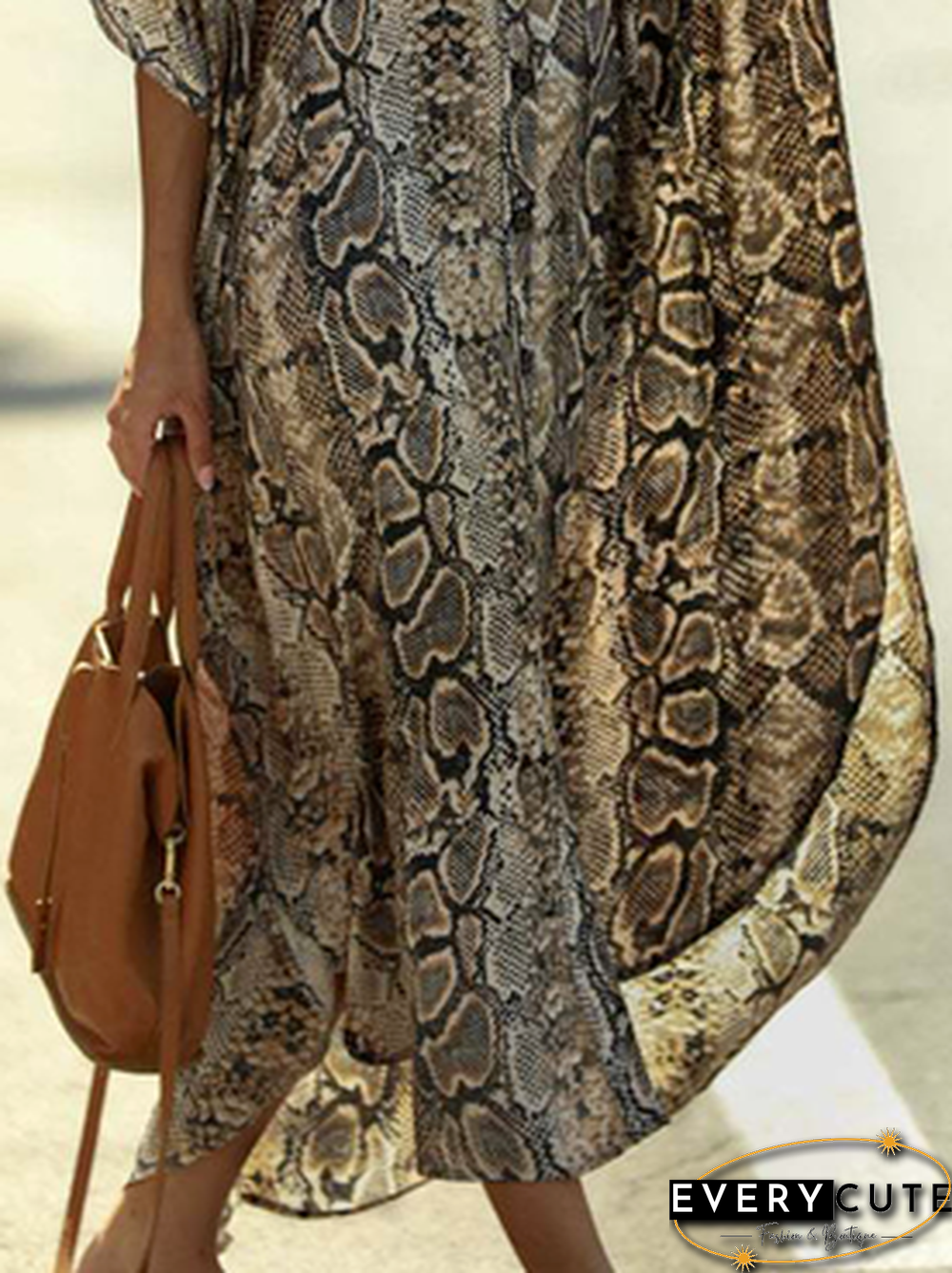 Stand Collar Snakeskin Boho Short sleeve Woven Dress