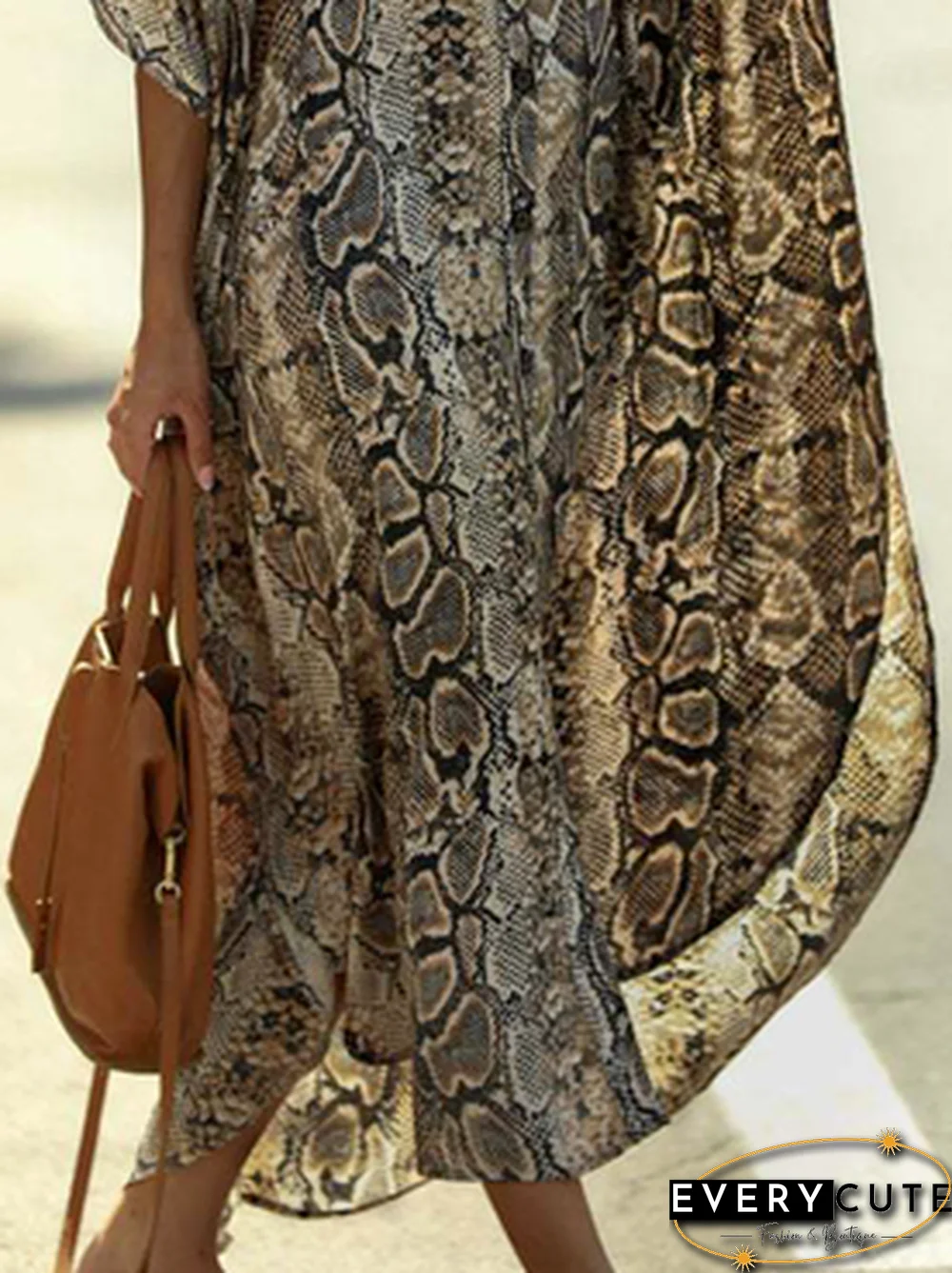 Stand Collar Snakeskin Boho Short sleeve Woven Dress