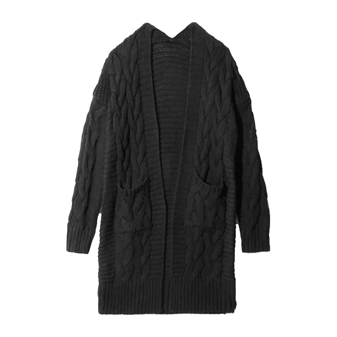 Women Autumn Winter Pockets Cardigan Long Sleeve Twist Knitted Mid-length Coat 2021