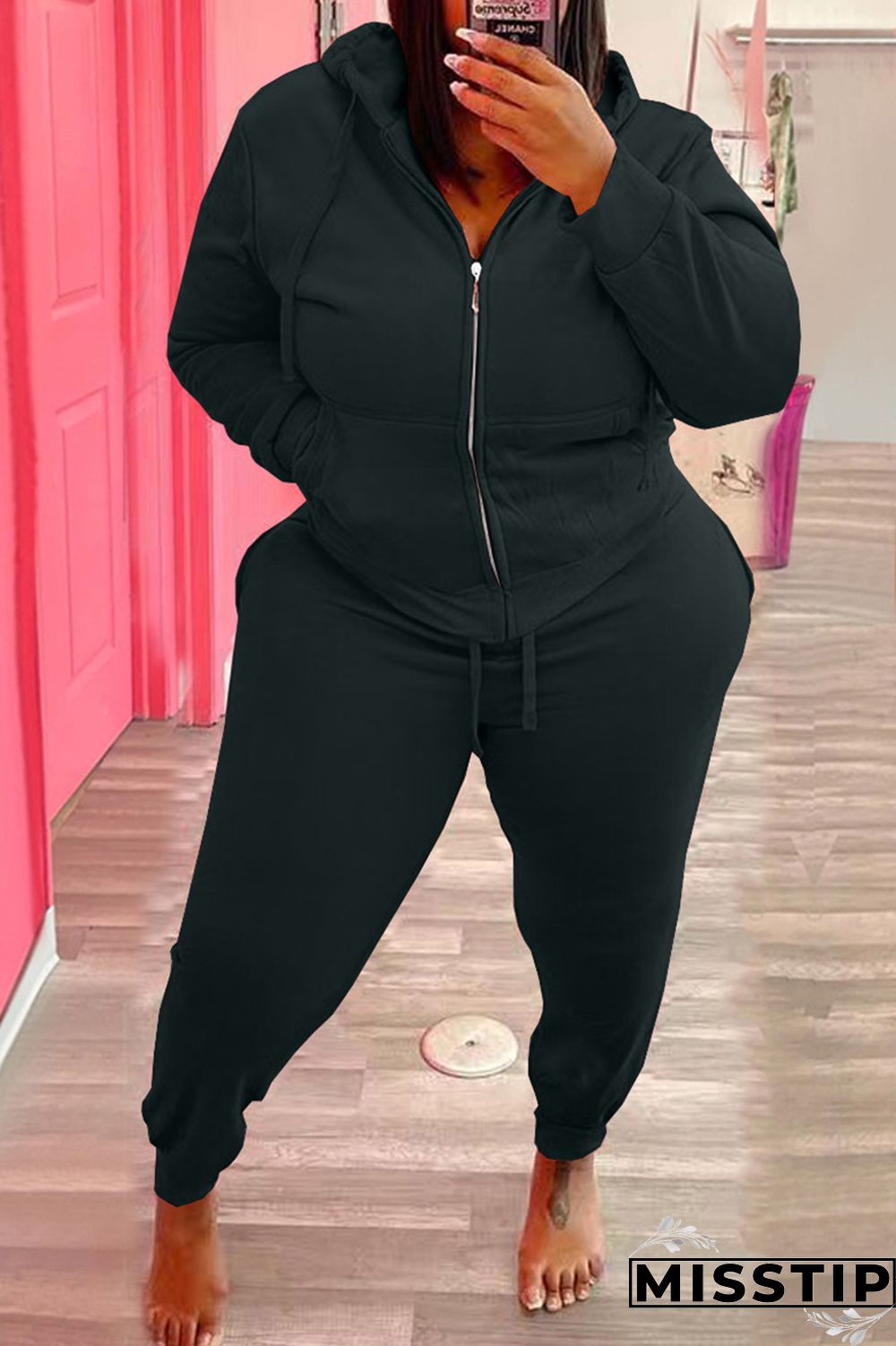 Black Fashion Casual Letter Print Basic Hooded Collar Plus Size Two Pieces