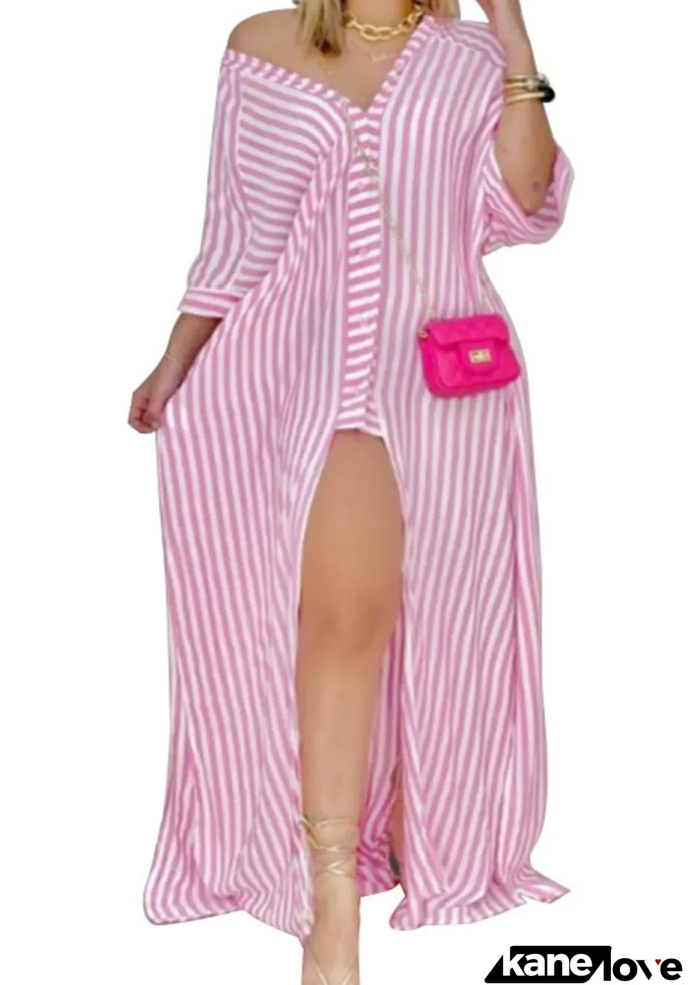 Fall Pink Stripe Print Button-Open Long Sleeve Shirt Long Dress