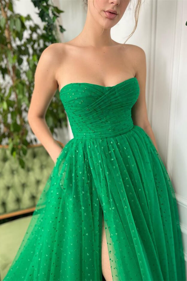 Luluslly Strapless Green Tulle Prom Dress Long With Slit Online 2409