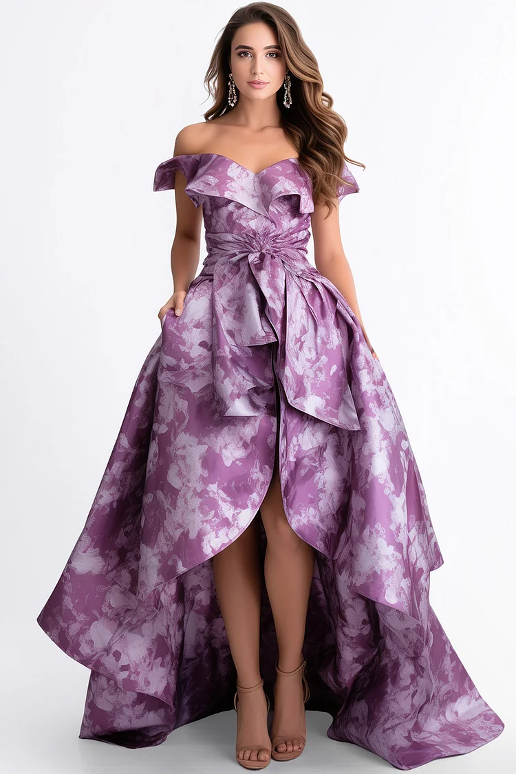 Zaruci Wedding Guest Purple Satin Floral Print Off The Shoulder Slit Maxi Dress [Pre-Order]